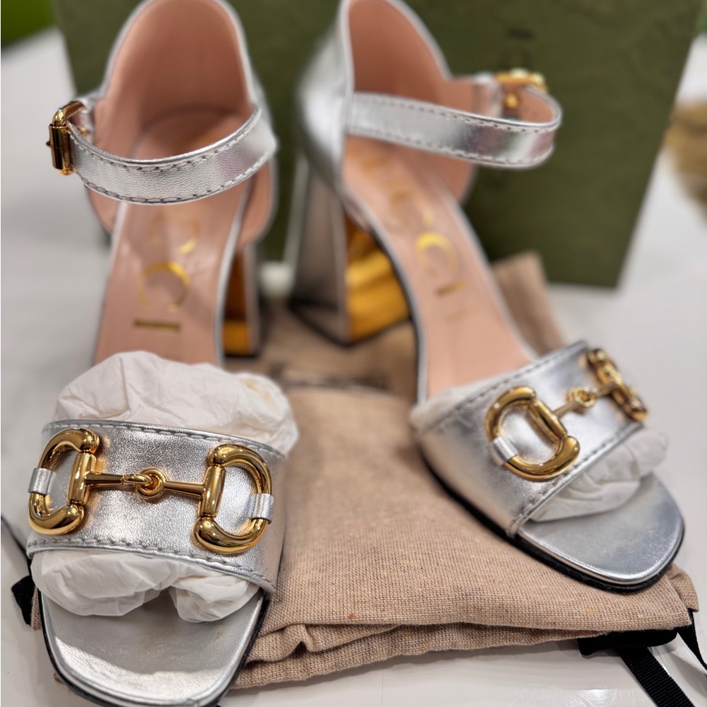 Gucci 9.5 Metallic & Gold Block Heel Sandals – Elegant & Iconic